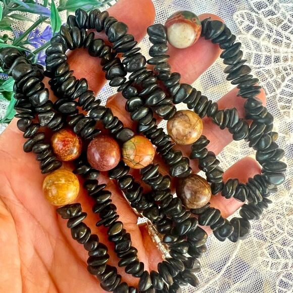 Vintage Natural Raw Black Onyx Chalcedony & Red Creek Jasper Necklace 39” - Picture 2 of 12